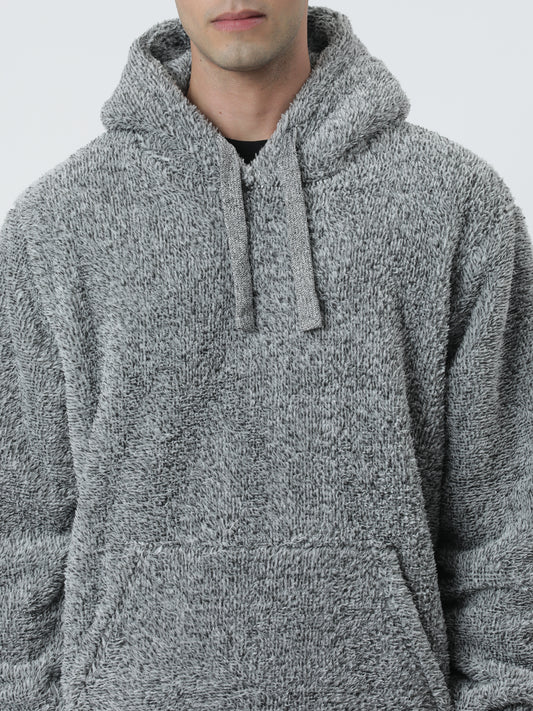 Fluffy Yarn Fixed Hood Long Sleeve Sweatshirt