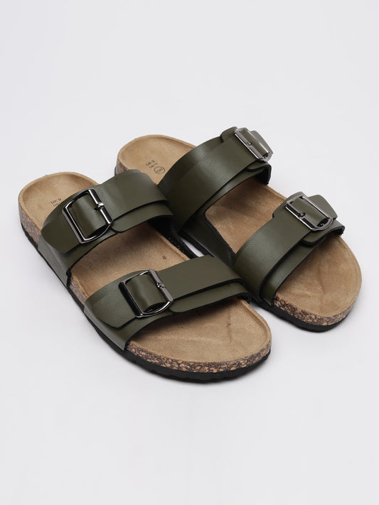 Khaki Faux Leather Buckle Strap Detail Cork Sandals