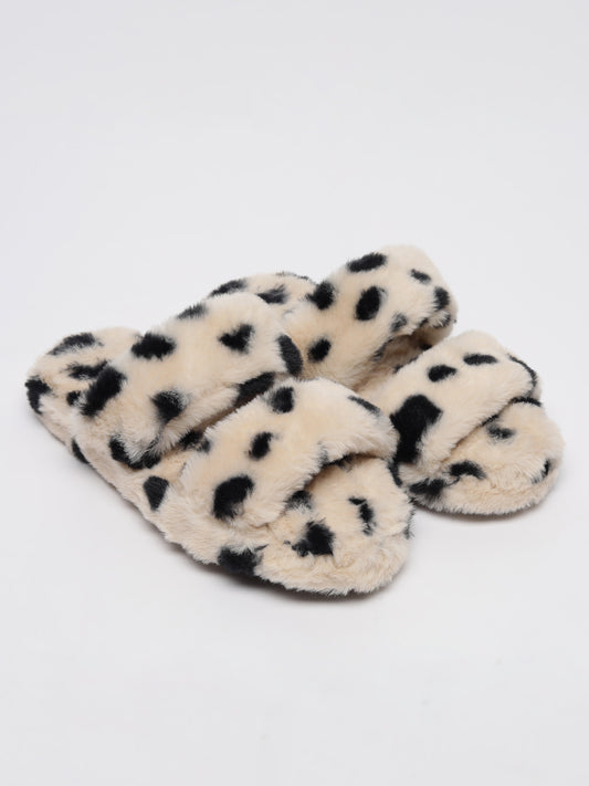 Animal Print Faux Fur Double Strap Slider Slippers