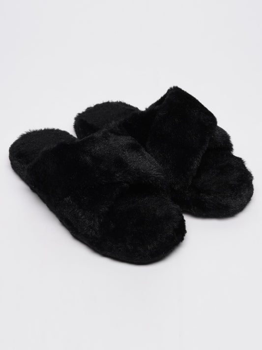 Black Faux Fur Cross Slider Slippers