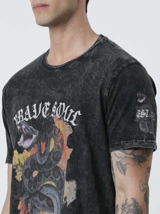 Black Acid Wash Snake Chest Print Detail T-Shirt