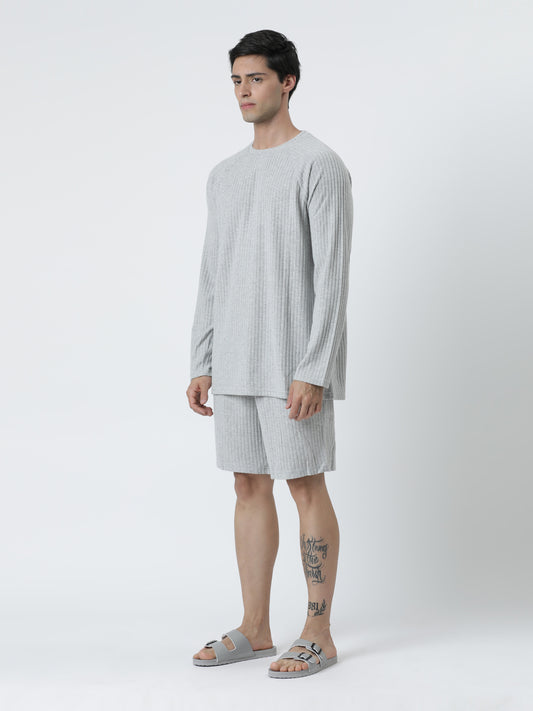 Grey Ribbed Long Sleeve T-Shirt And Shorts Lounge Set