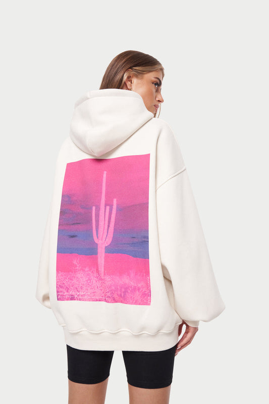 Cactus Printed Puff Sleeve Hoodie - Off White