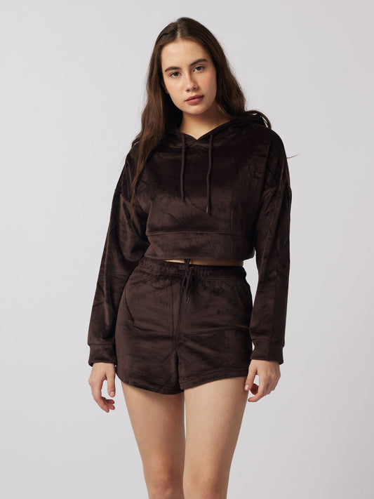 Brown Velour Cropped Hoodie And Shorts Lounge Set