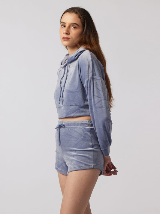 Blue Cropped Hoodie And Shorts Velour Lounge Set