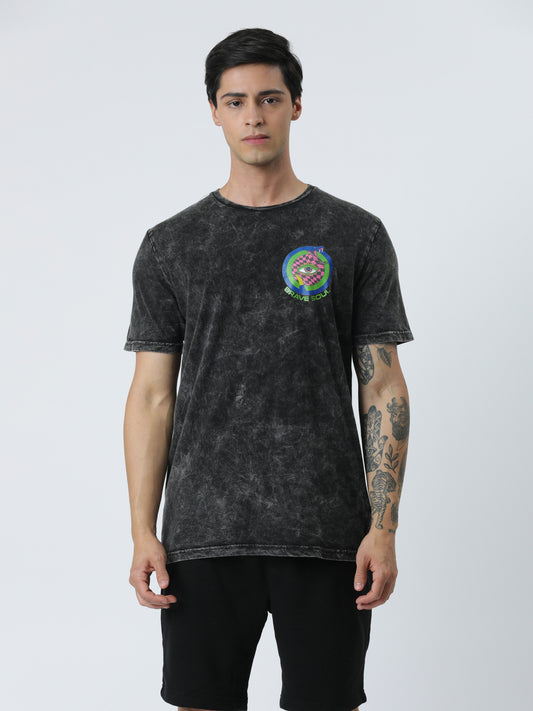 Jet Black Acid Wash Crew Neck Printed T-Shirt