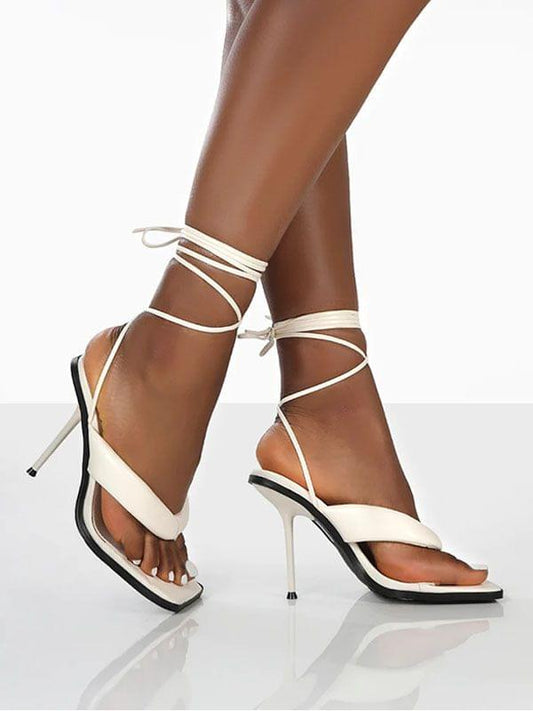 GRAND WHITE TOE THONG FRONT SQUARE TOE LACE UP STILETTO HEELS - Koovs