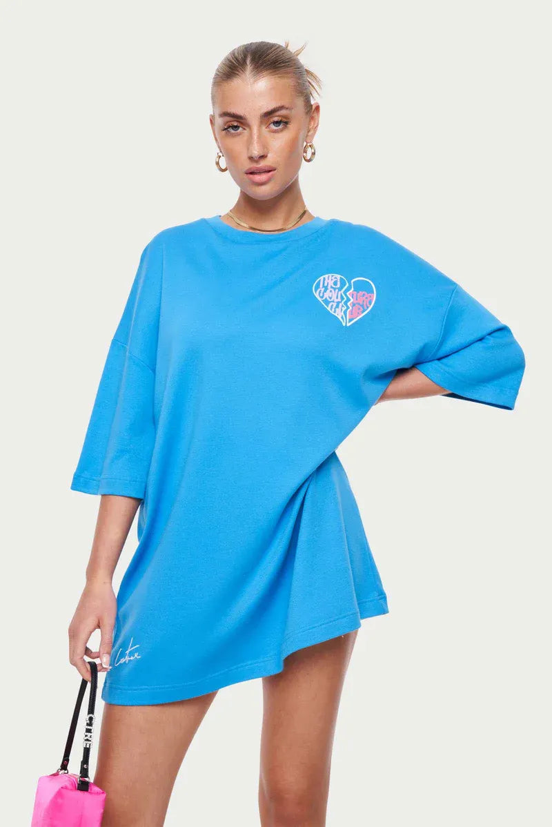 HEART GRAPHIC OVERSIZED T-SHIRT DRESS - BLUE - Koovs
